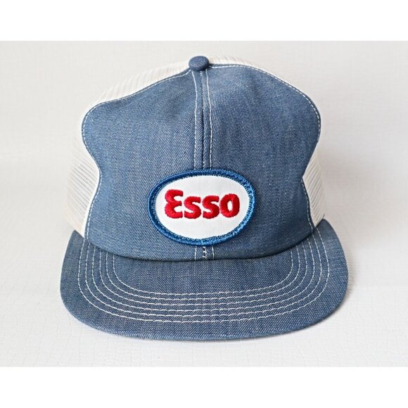 Vintage 70s 80s ESSO Oil & Gas Denim Trucker Hat K-Brand Snapback Mesh Retro - Picture 1 of 8
